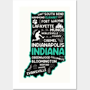 Elkhart Indiana cute map Evansville, Carmel, South Bend, Fishers, Bloomington, Hammond, Gary, Lafayette Posters and Art